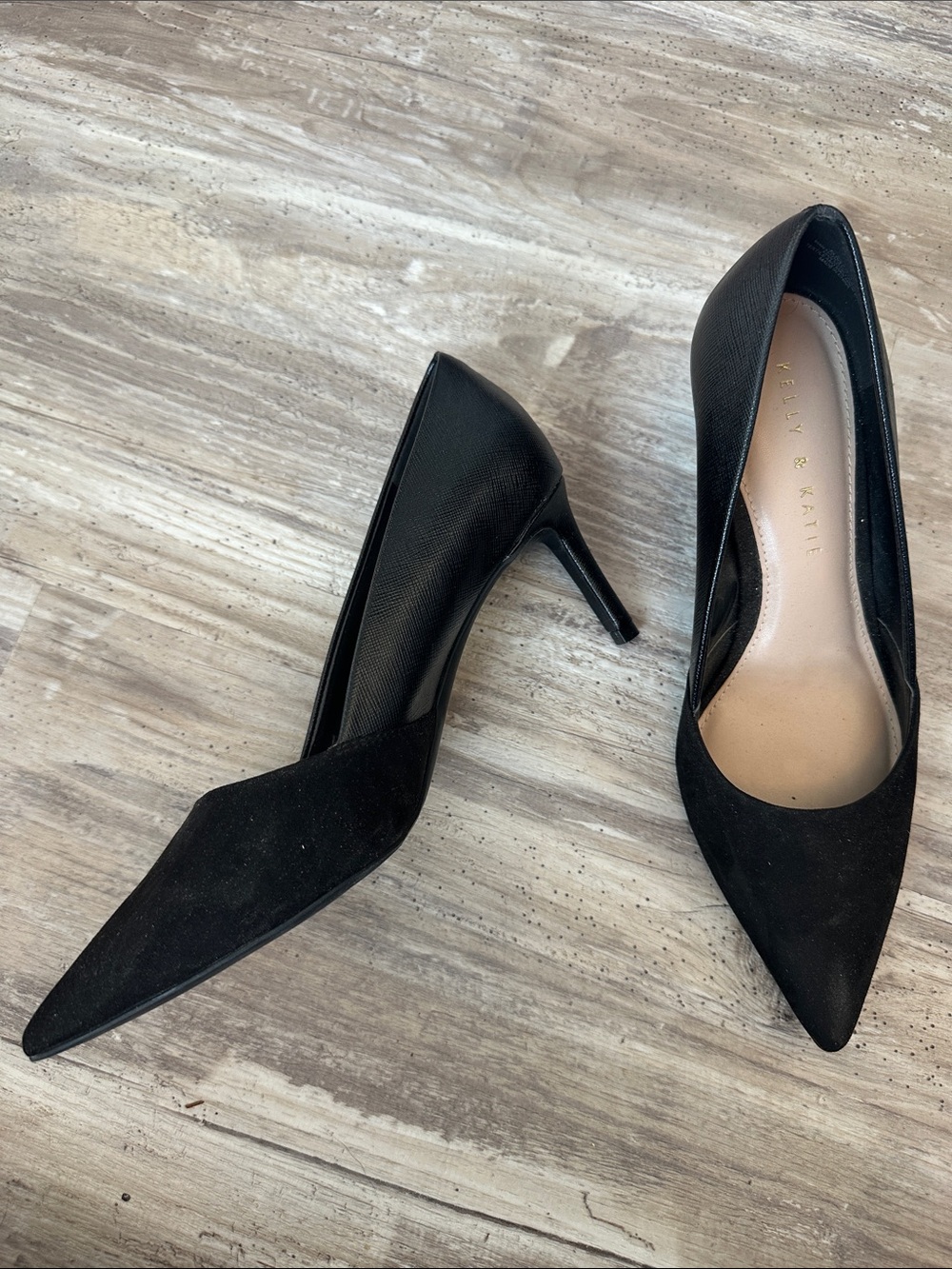 Kelly & Katie Black Pointed-Toe Sude and Textured Satin Pumps Size 8